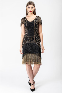 Edith Flapper Fringe Black Gold Dress  