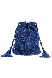 Channel Hand Embellished Fringe Bucket Bag in Navy Blue 1