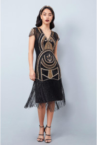 Mary Fringe Black Gold Dress