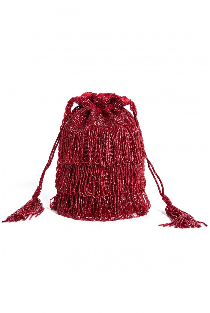 Channel Hand Embellished Fringe Bucket Bag in Red 1