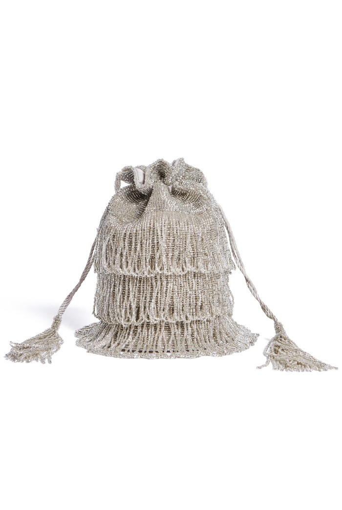 Channel Hand Embellished Fringe Bucket Bag in Silver 1