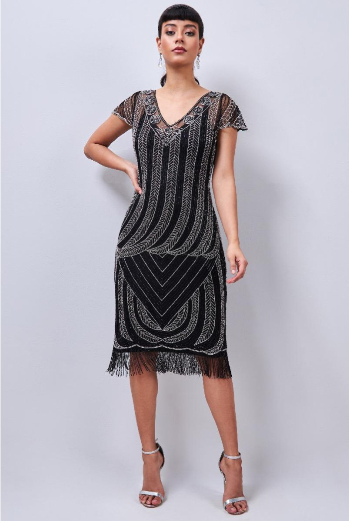 Dorothy Fringe Flapper Black Silver Dress