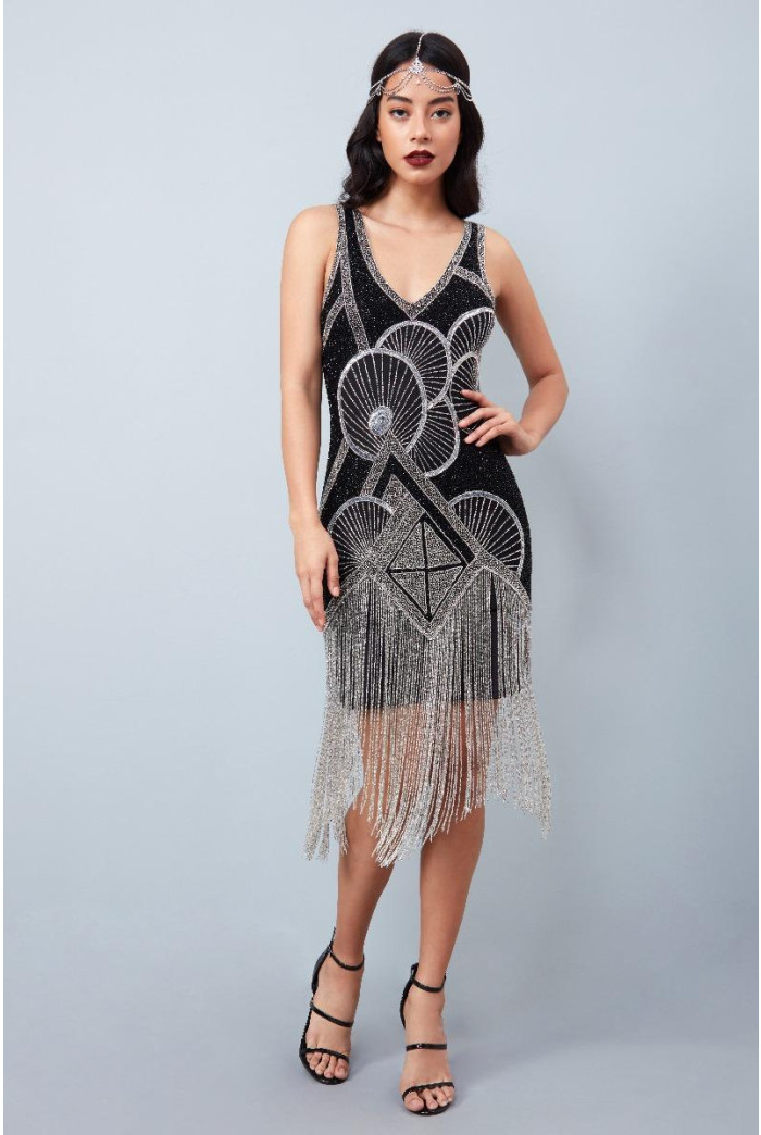 Jade Fringe Black Silver Dress